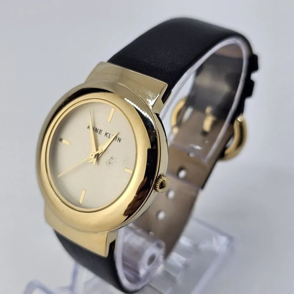 Anne Klein Women's Watch 36MM Gold Dial Black Leather Band‎ Straps New Battery